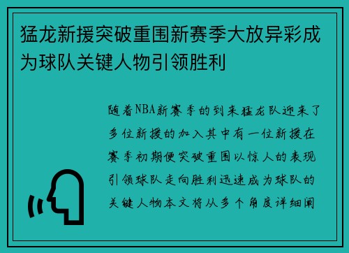 猛龙新援突破重围新赛季大放异彩成为球队关键人物引领胜利
